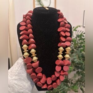 Plunder Multi-Strand Brick Red Necklace with Gold Accents